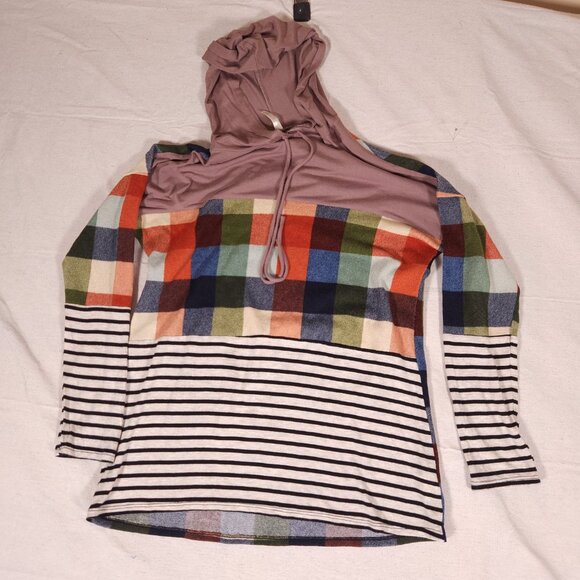 Celeste Multi Pattern Hoodie Womens Medium Check Striped Drawstring USA FLAW - Picture 9 of 16
